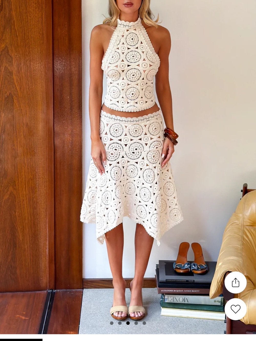 Tiger Mist Synthia Cream Crochet Asymmetrical Skirt & Halter Top Set XS